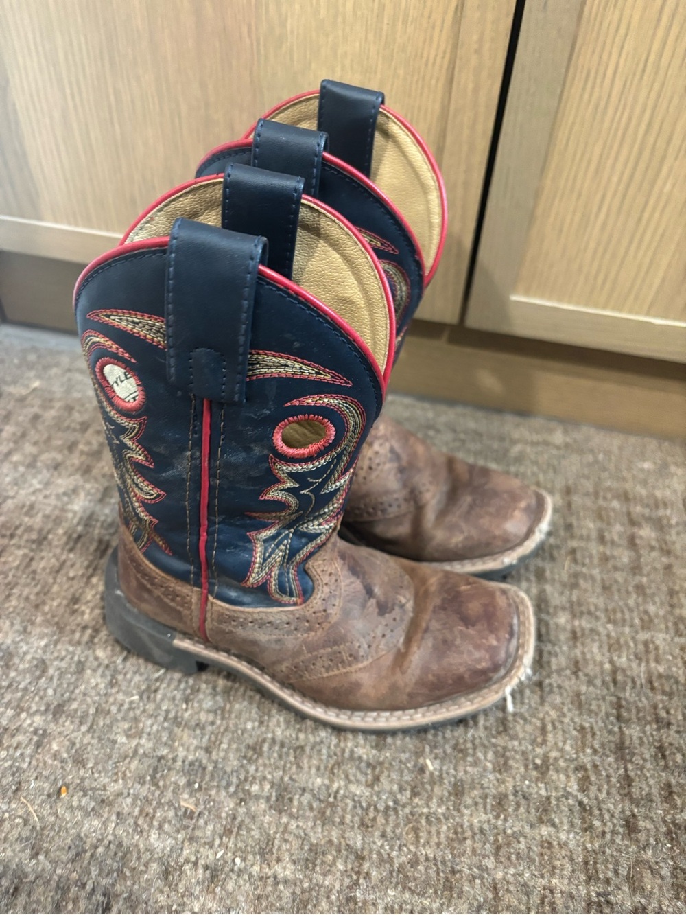 Kids Brown Leather Western Boots with Navy Stitch Details